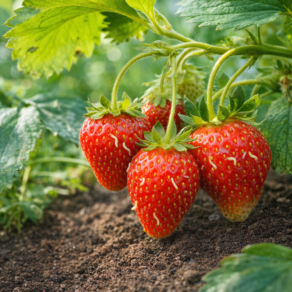 Ripe strawberries still attached to stems in a garden bed