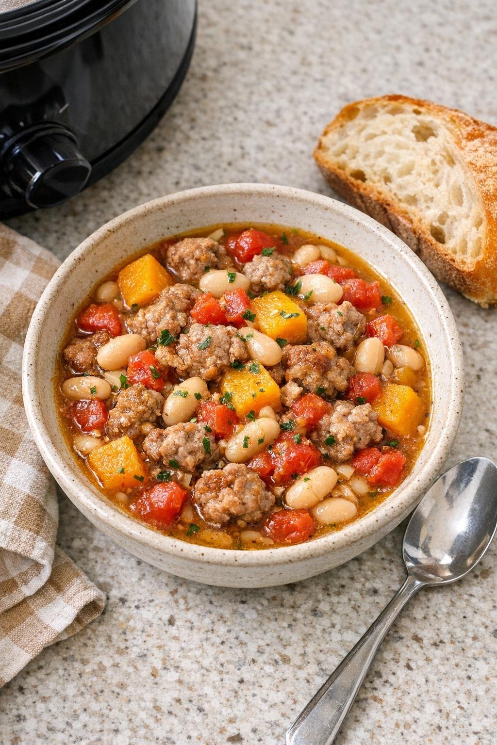 Finished sausage stew in a rustic bowl