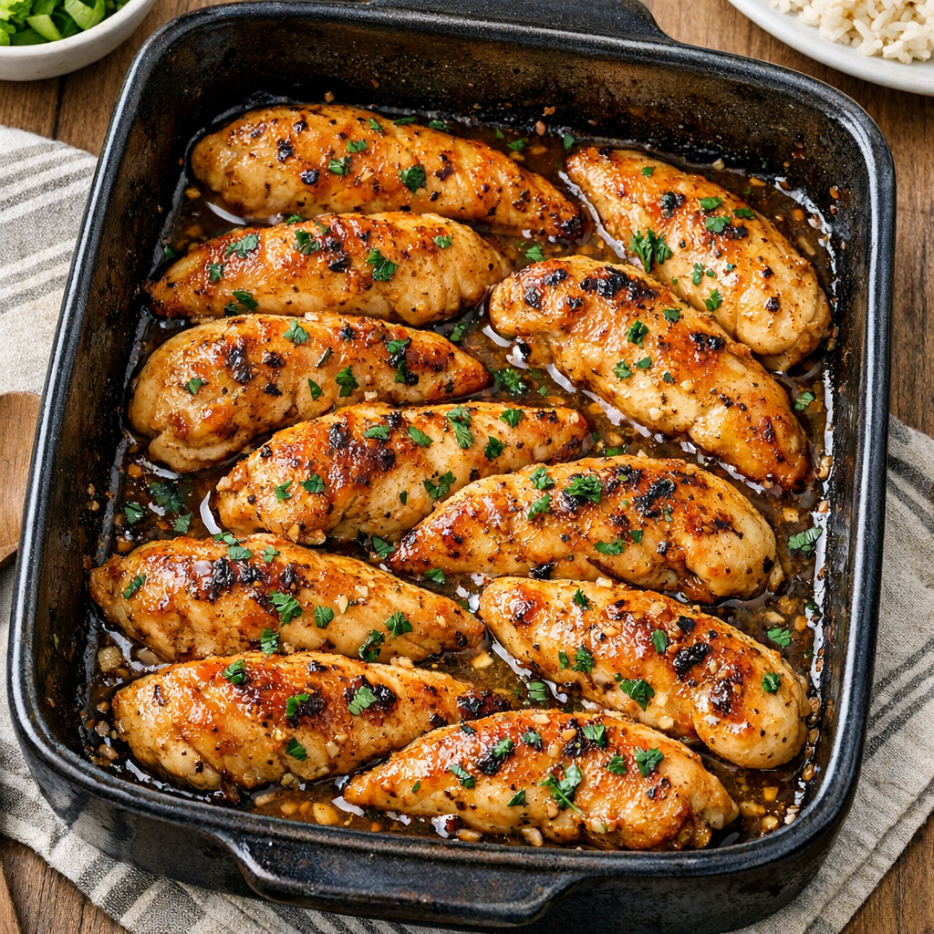 Finished baked chicken tenderloins in a dark ceramic roasting pan