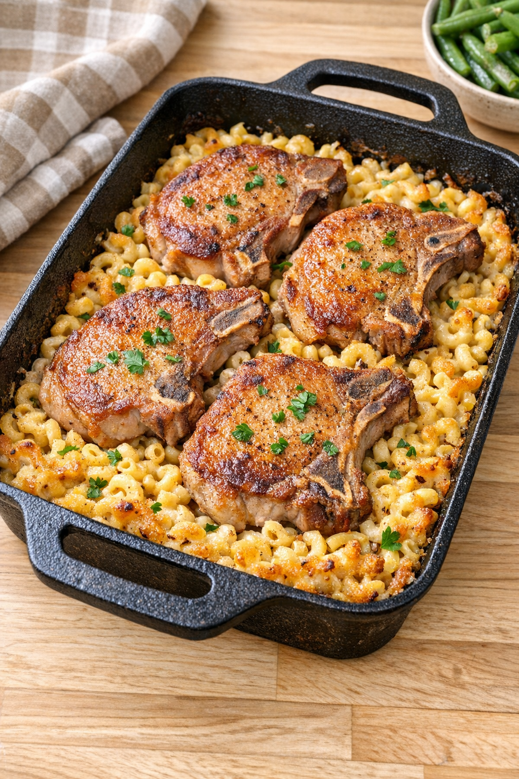 Finished Amish pork chop macaroni baked in a cast iron roasting pan