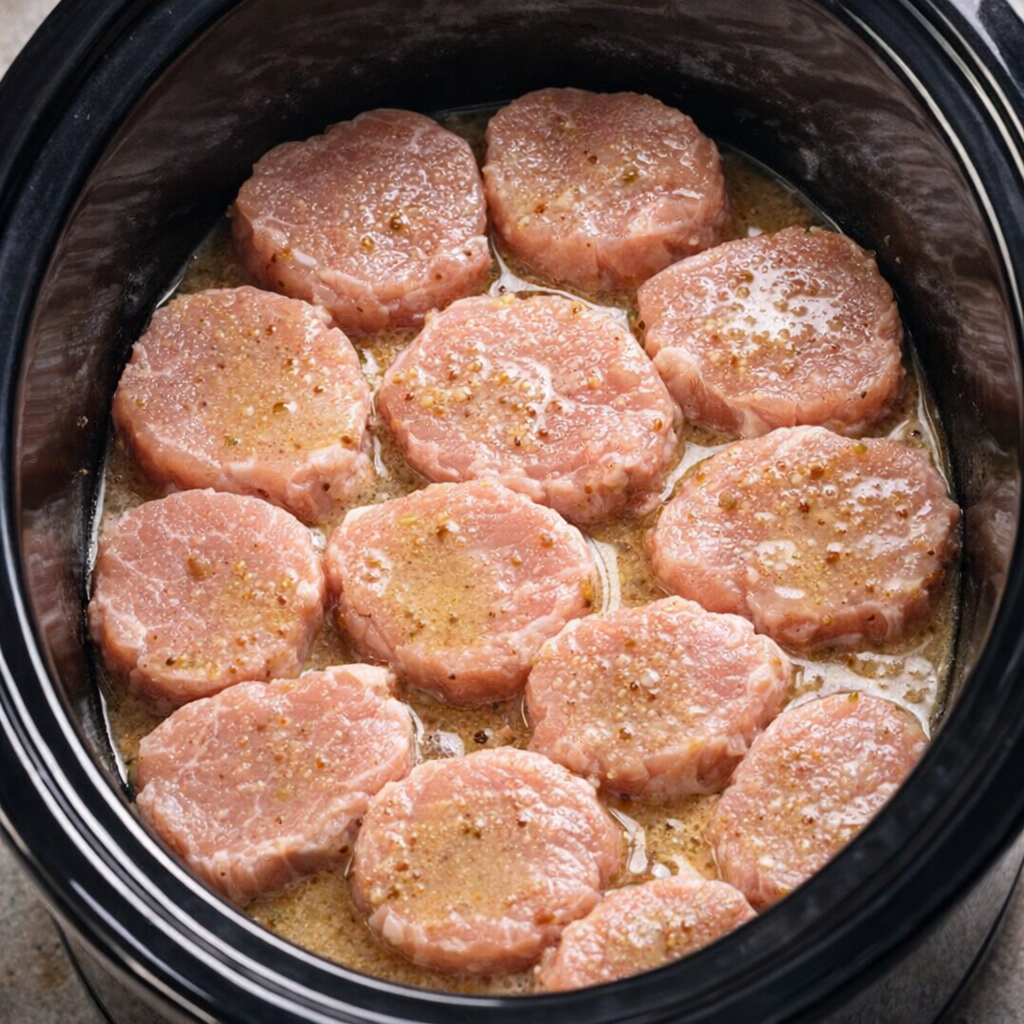 Slow cooker filled with pork medallions and pale golden sauce before cooking