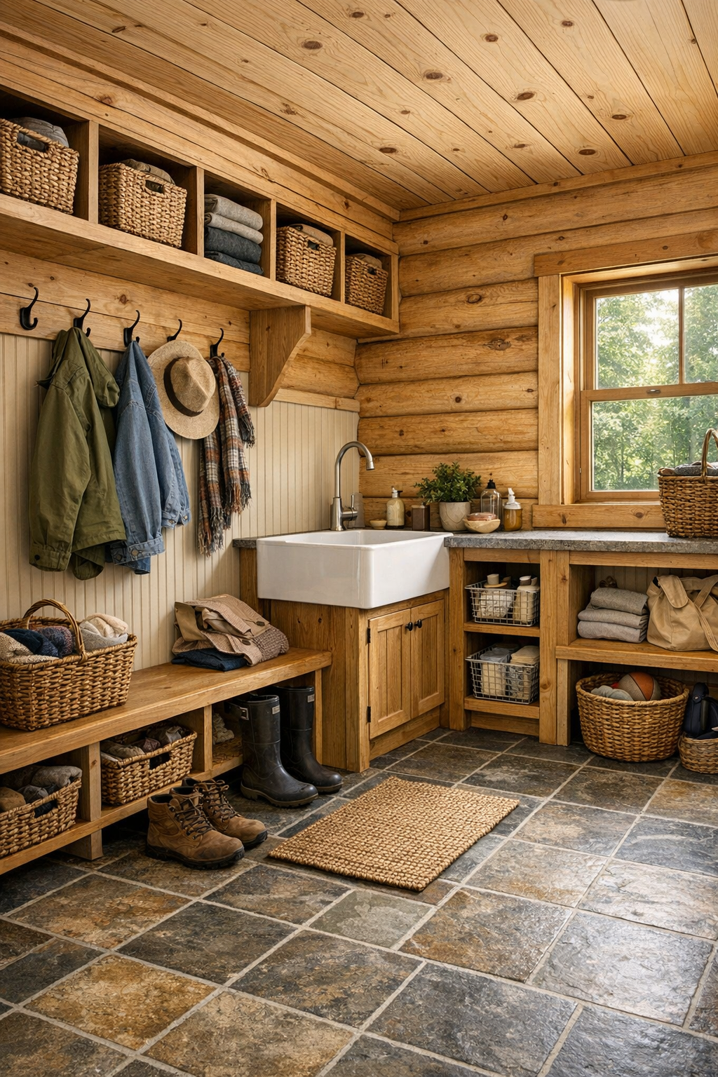 Mudroom and utility area with built-in benches, hooks, cubbies, and warm rustic finishes