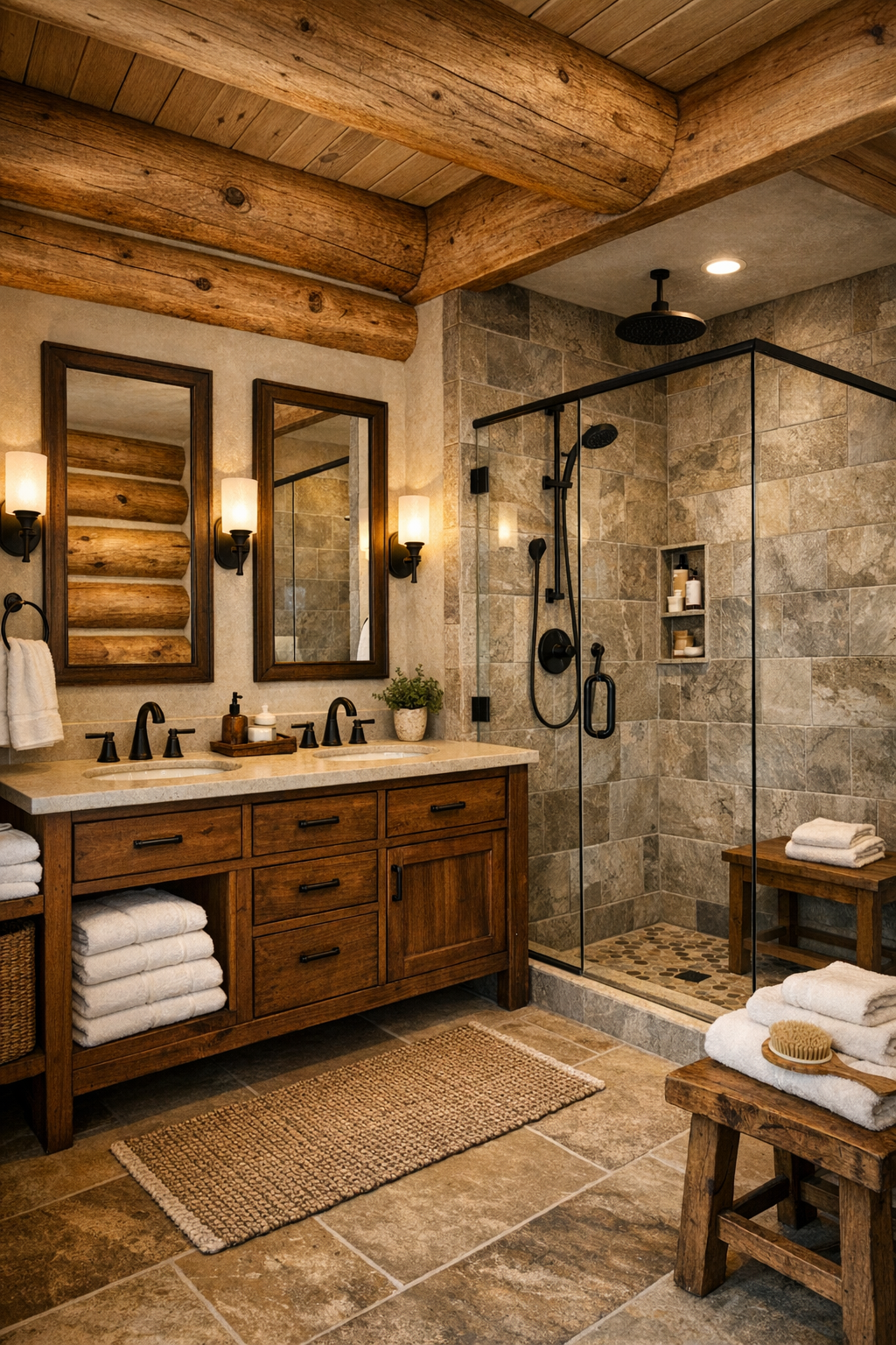 Rustic bathroom with wood vanity, stone surfaces, and walk-in shower