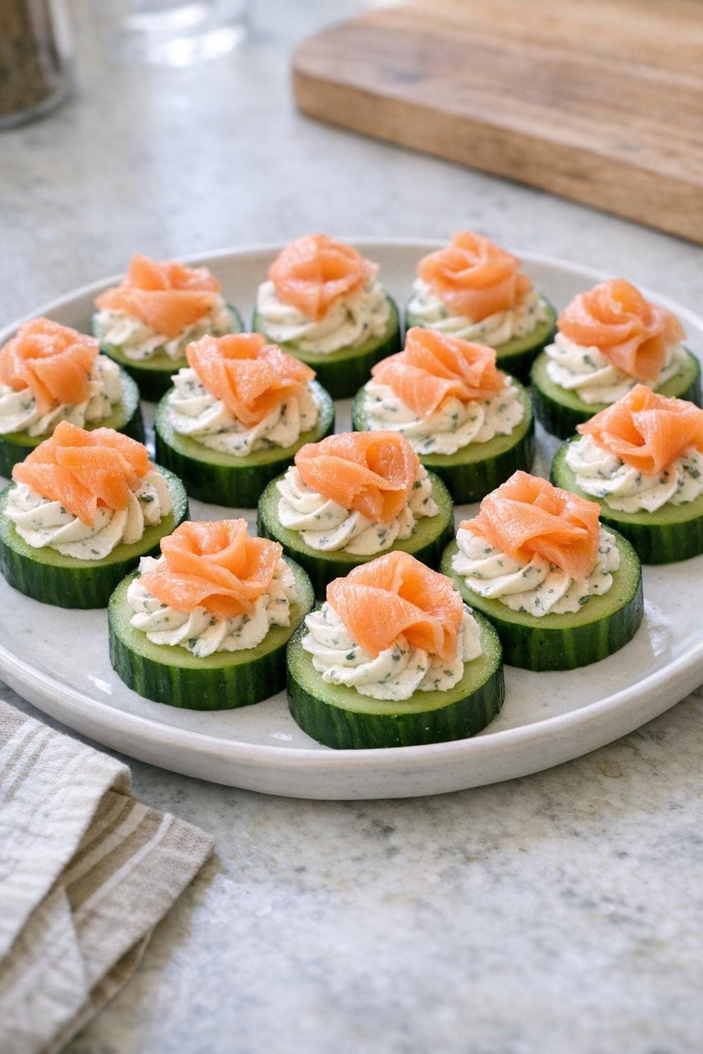 Finished smoked salmon cucumber bites on a serving platter