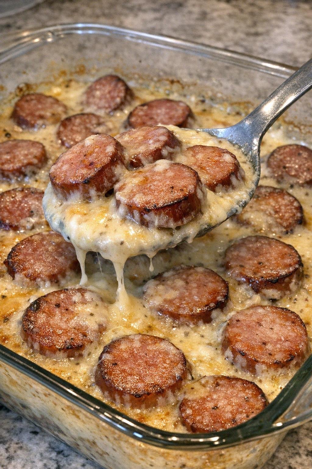 Baked sausage slices in creamy sauce in a glass baking dish