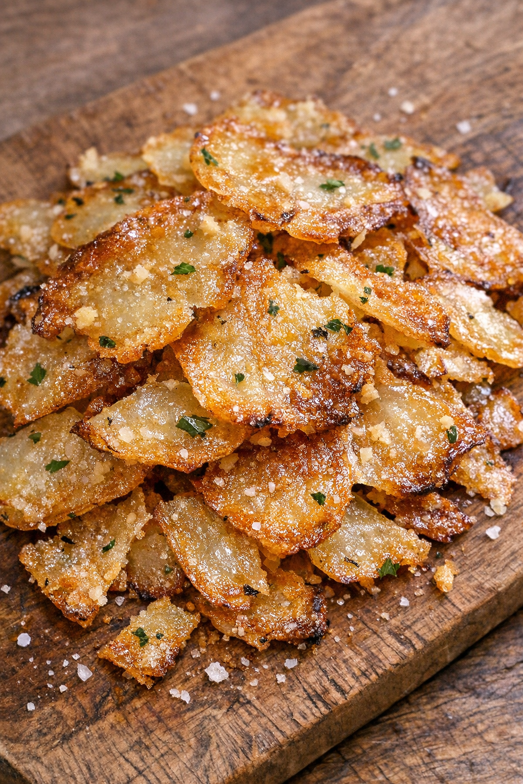 Golden garlic butter potato shards on a wooden board