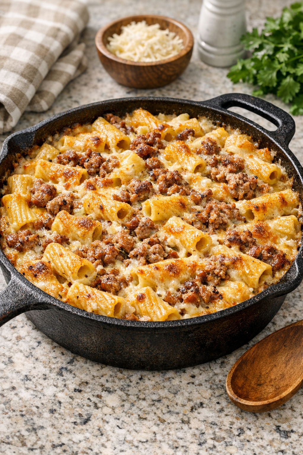 Finished baked ground pork tortiglioni casserole in a cast iron pan