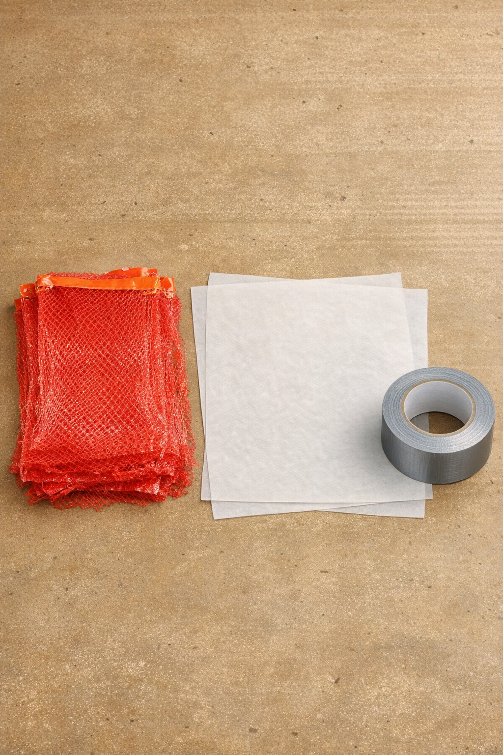 Flattened red citrus bags, parchment paper, and duct tape laid out for the project