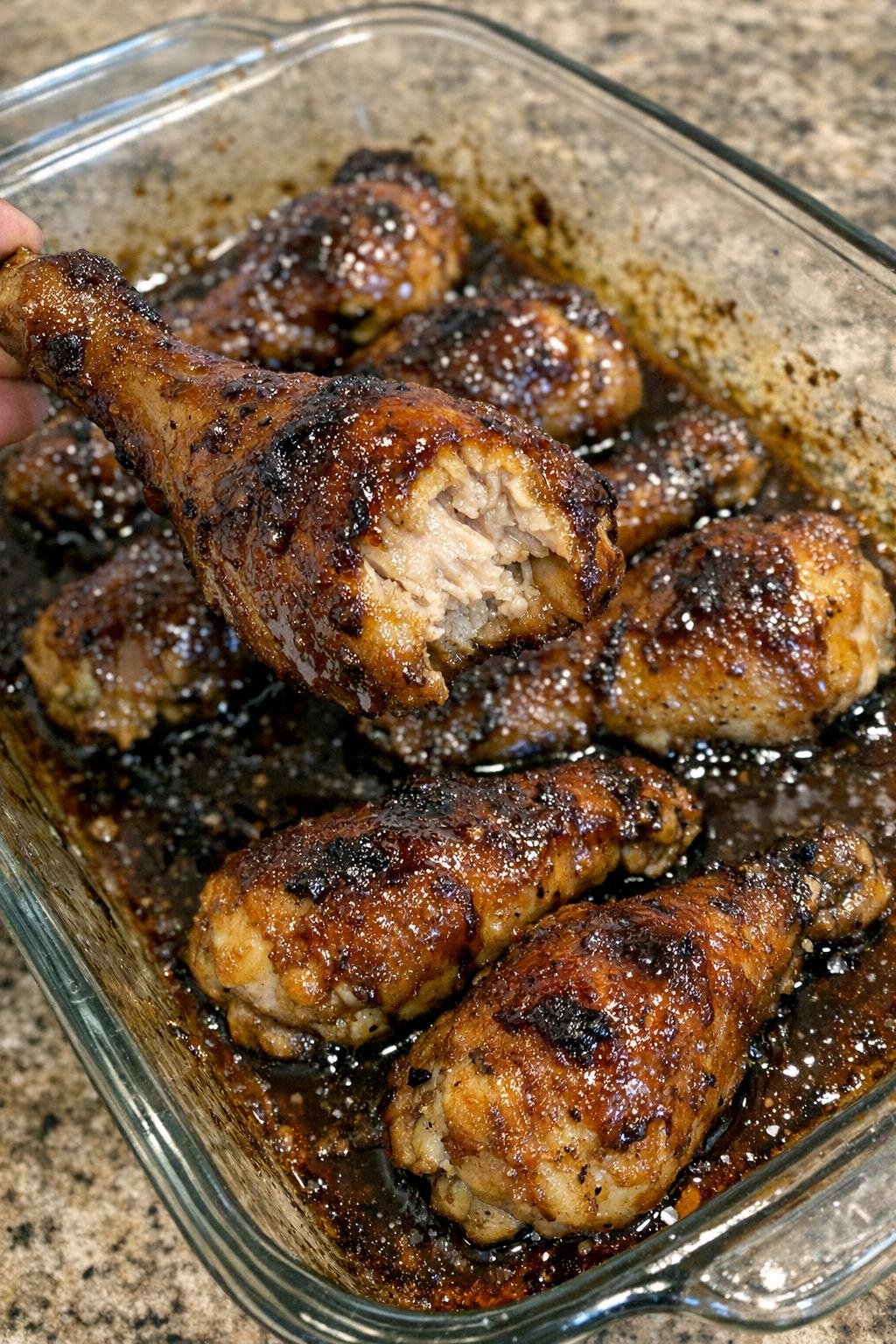 Glazed baked chicken drumsticks in a glass baking dish