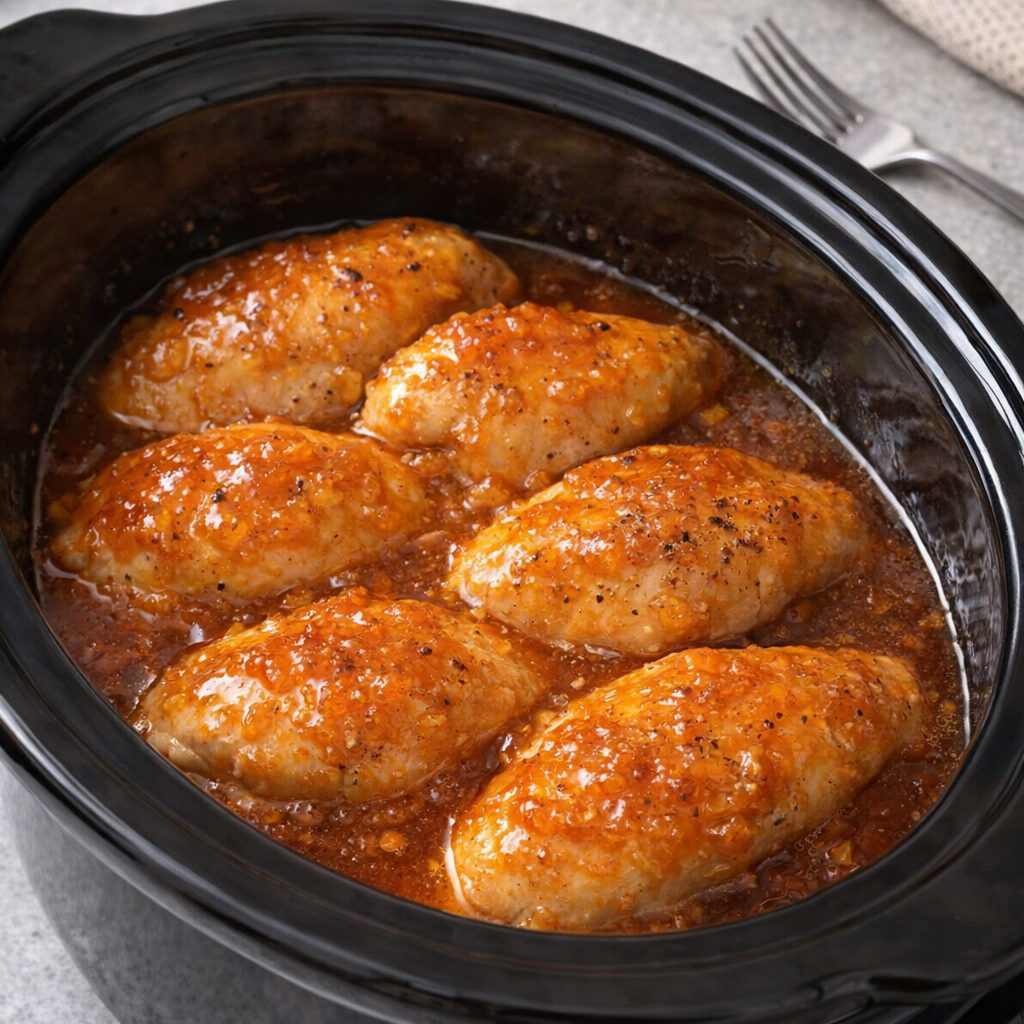 Cooked apricot chicken in the slow cooker with glossy sauce