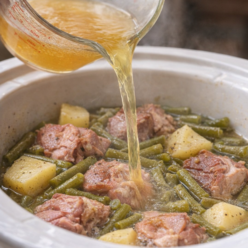 Broth being poured into layered slow cooker ingredients