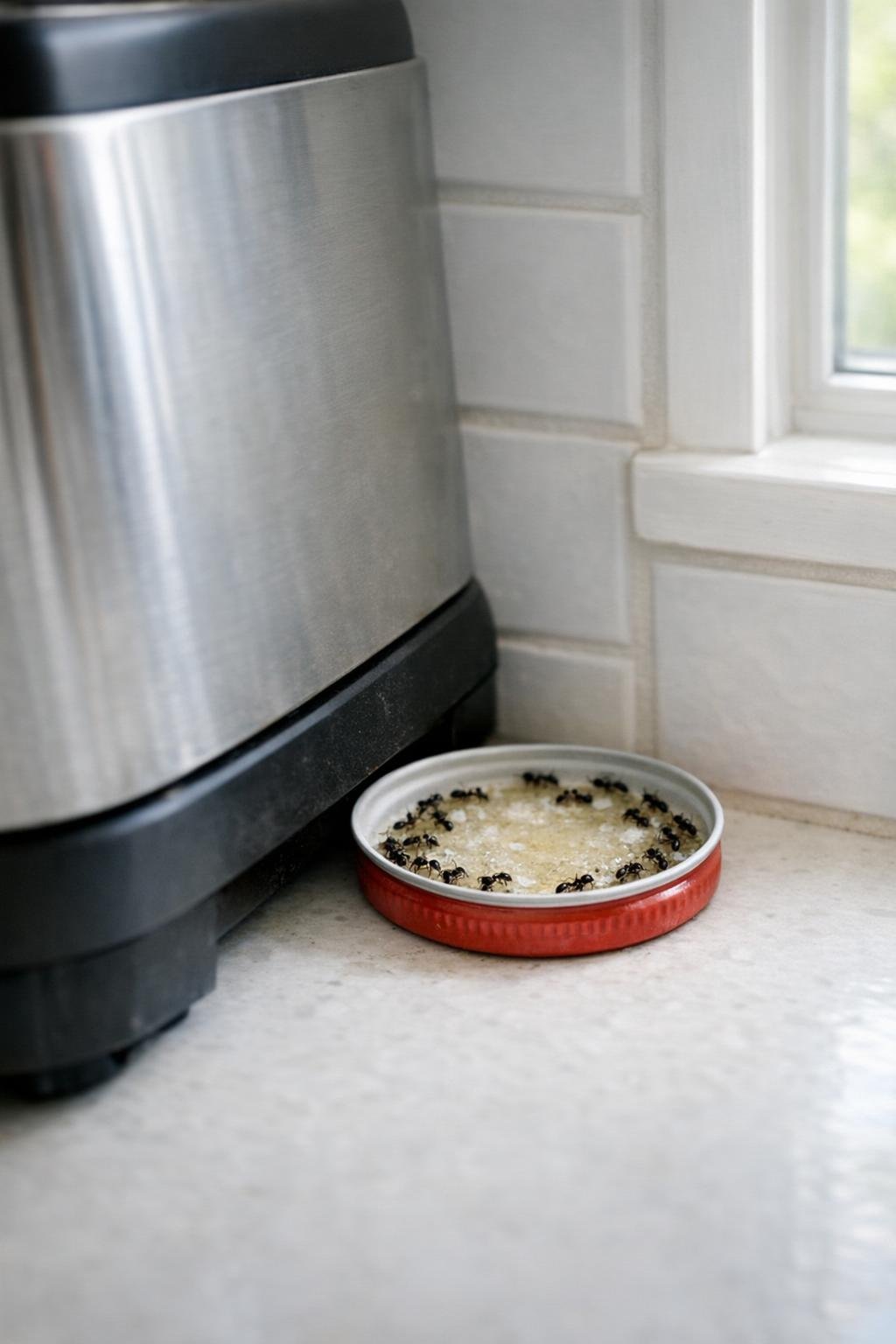 Ant bait station tucked safely behind a kitchen appliance