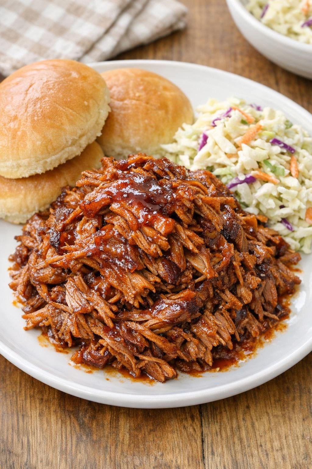 Finished pulled pork plated with barbecue sauce