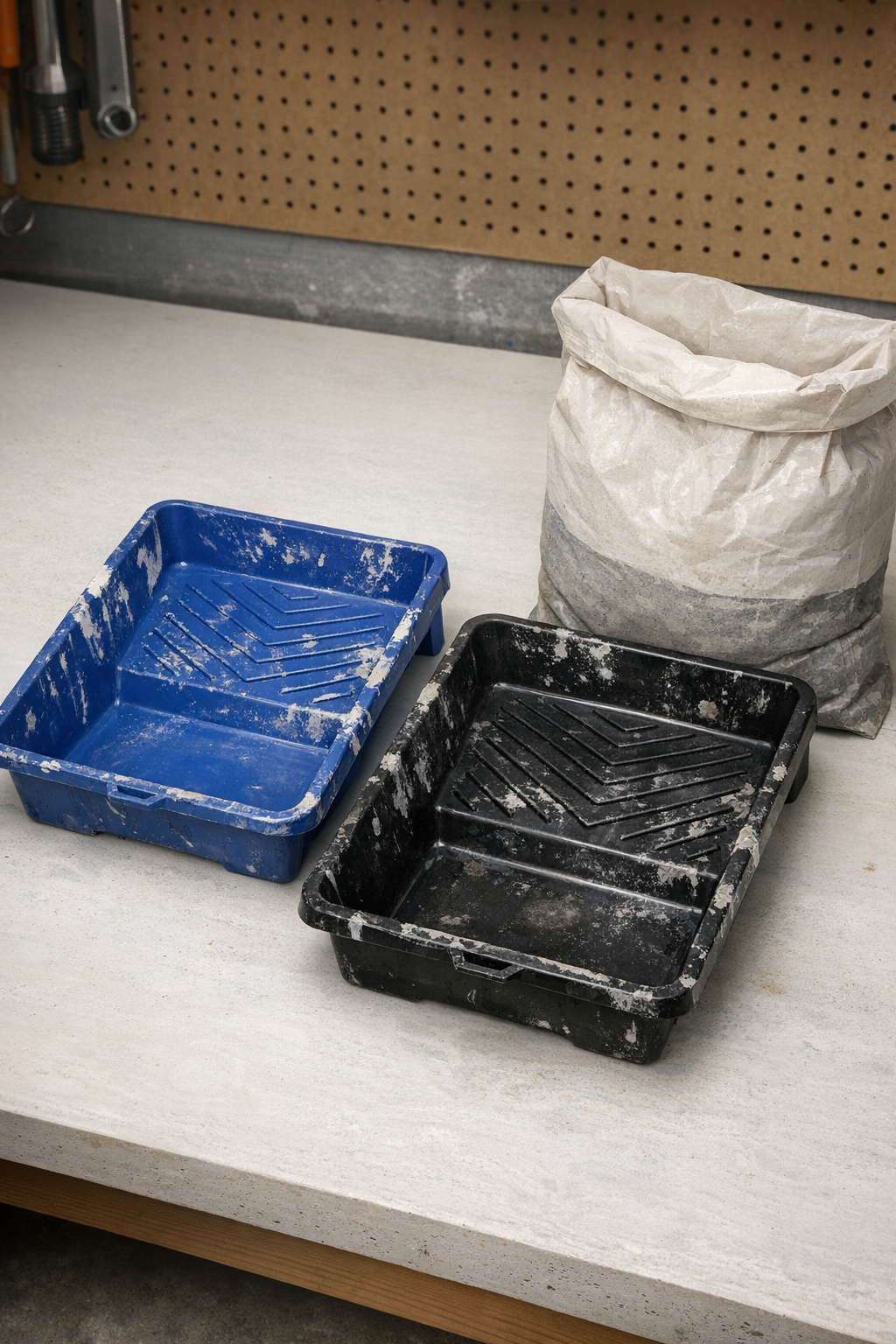 Old plastic paint trays and cement mix laid out for the project
