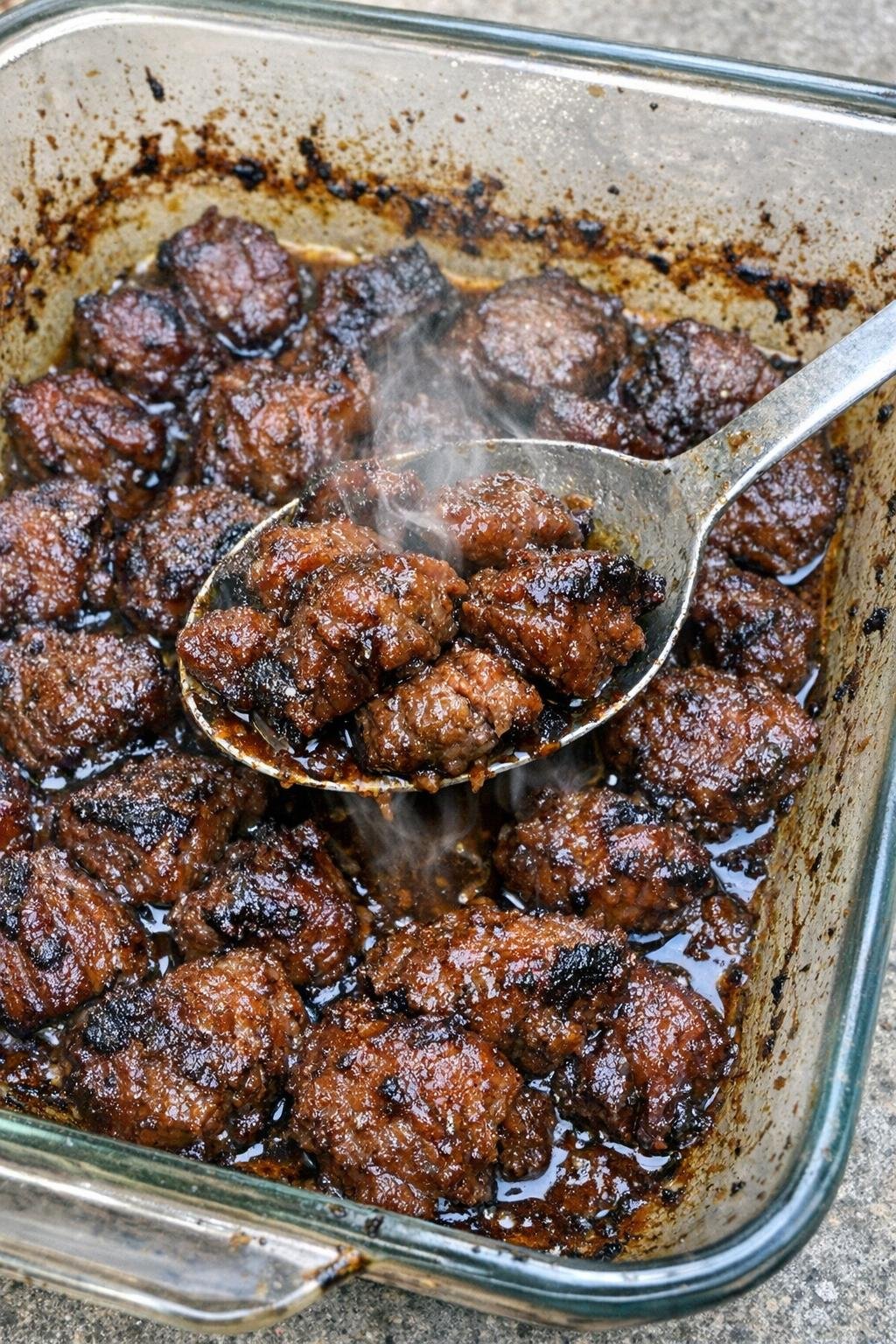 Glazed beef bites in a glass baking dish