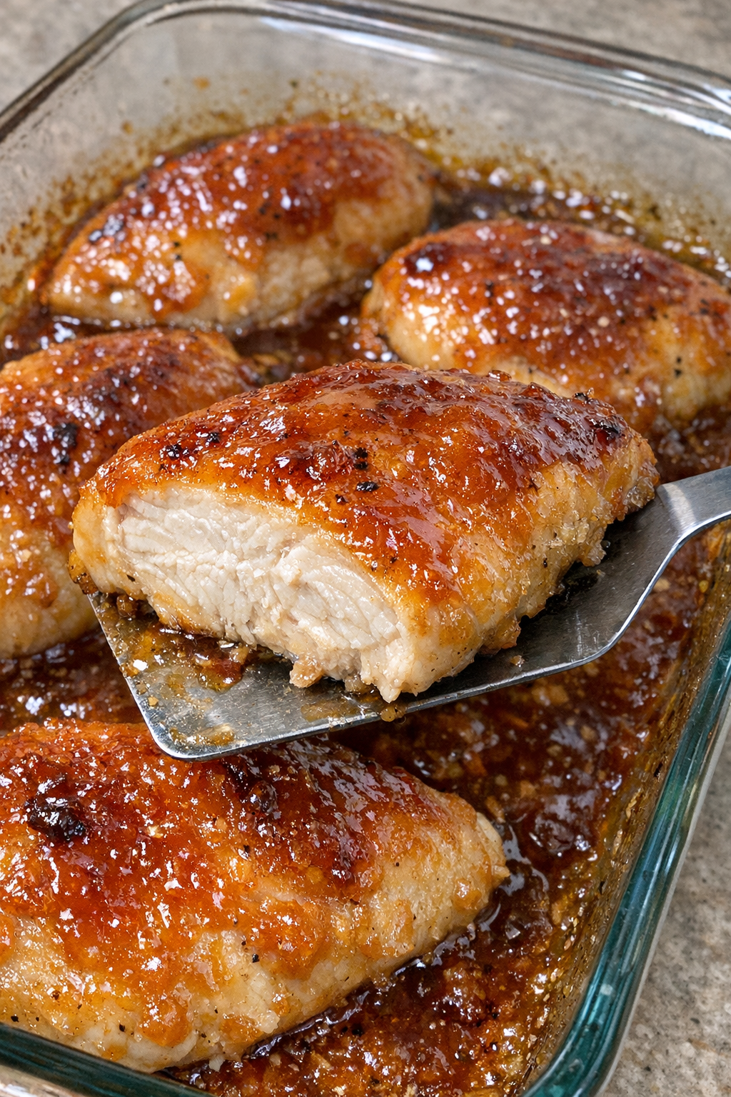 Tender chicken breasts with glossy apricot glaze in a glass baking dish