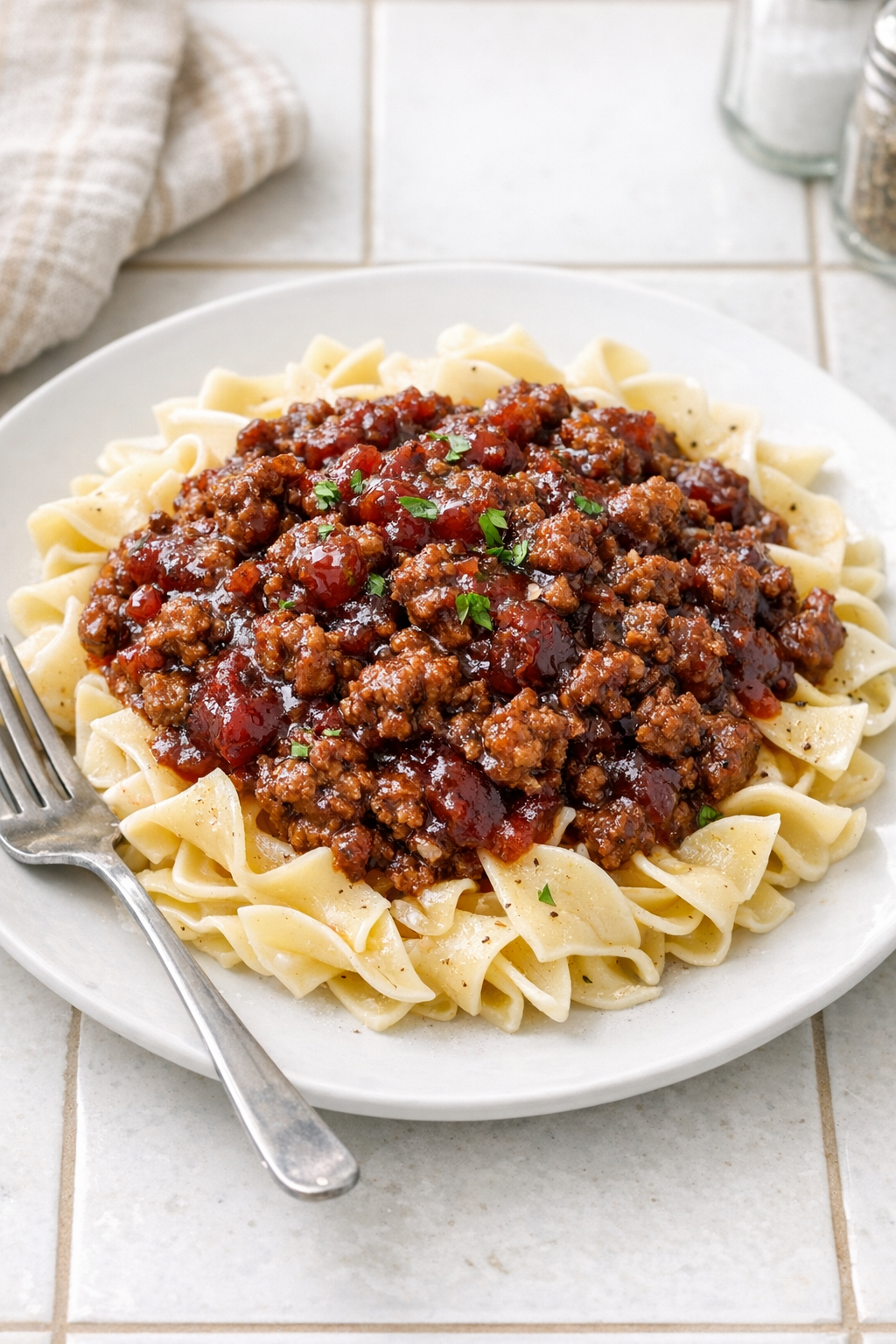 Finished cranberry beef served over egg noodles