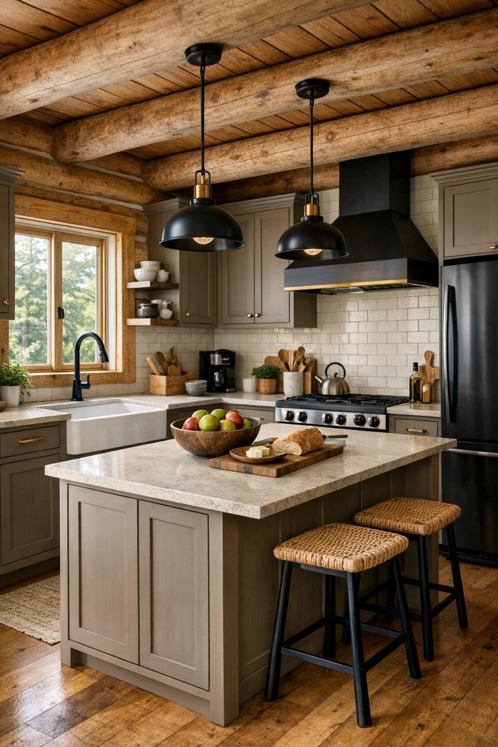 Warm kitchen with taupe cabinetry, a central island, farmhouse sink, and light stone countertops