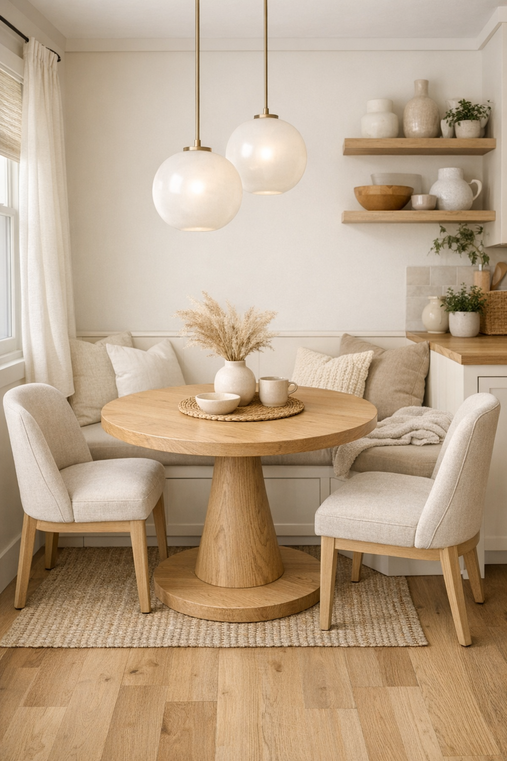 Soft cream tiny home dining area with round table and built-in banquette