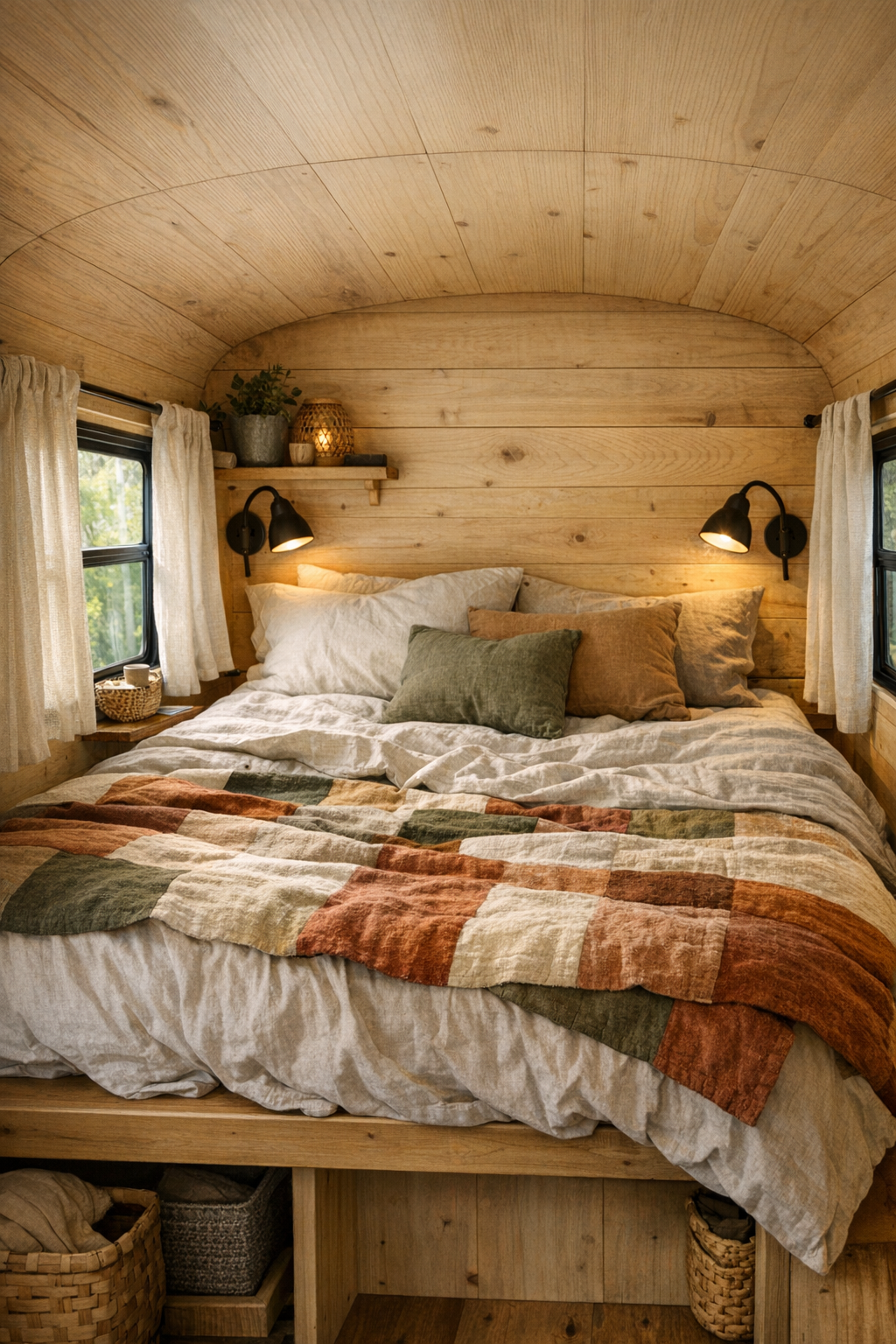 Cozy bedroom in the rear of a converted bus with layered linen bedding and wood walls