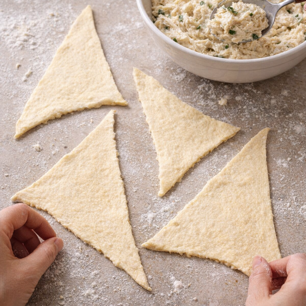 Crescent dough triangles laid out for filling