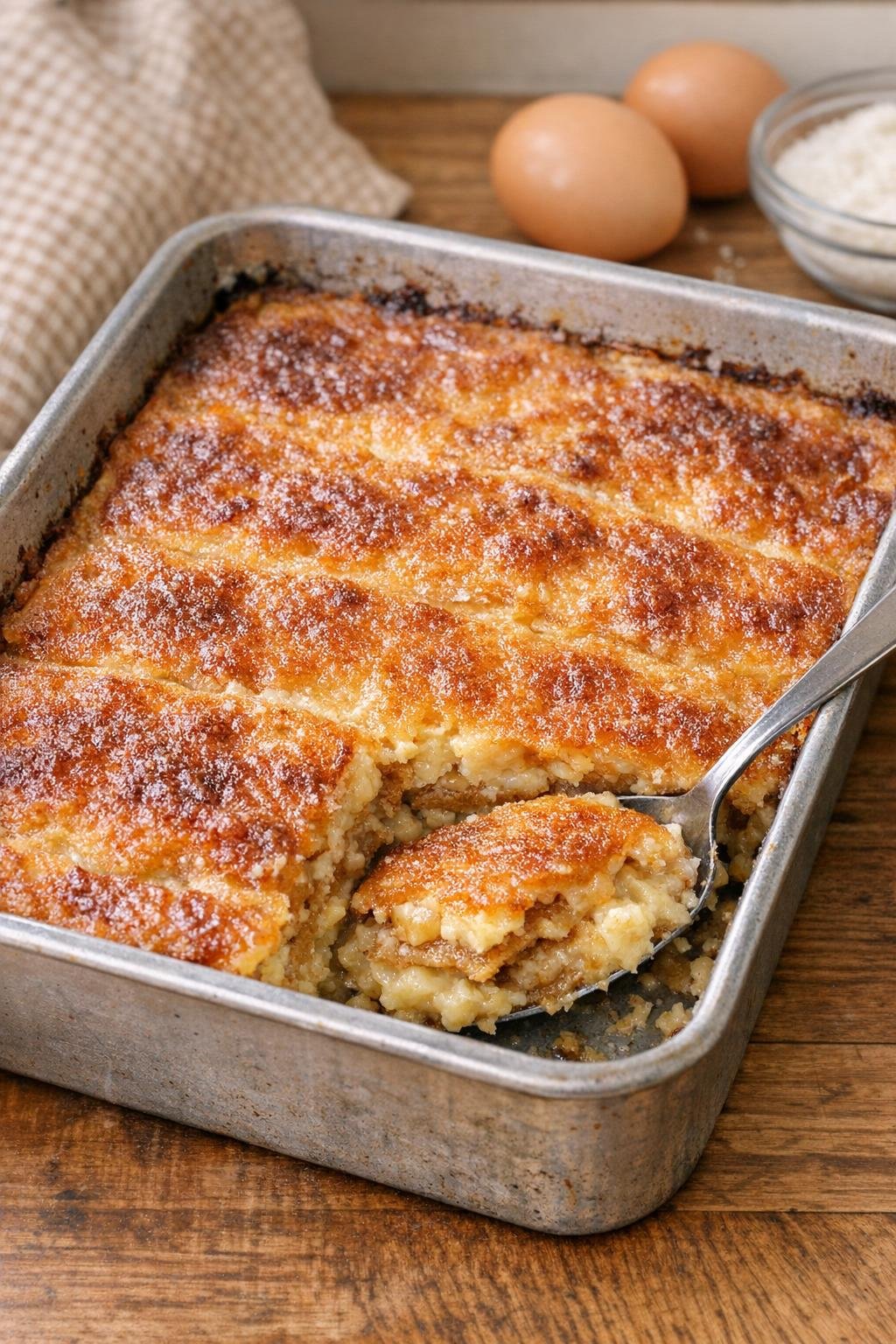 Finished baked graham cracker dessert in a metal baking dish