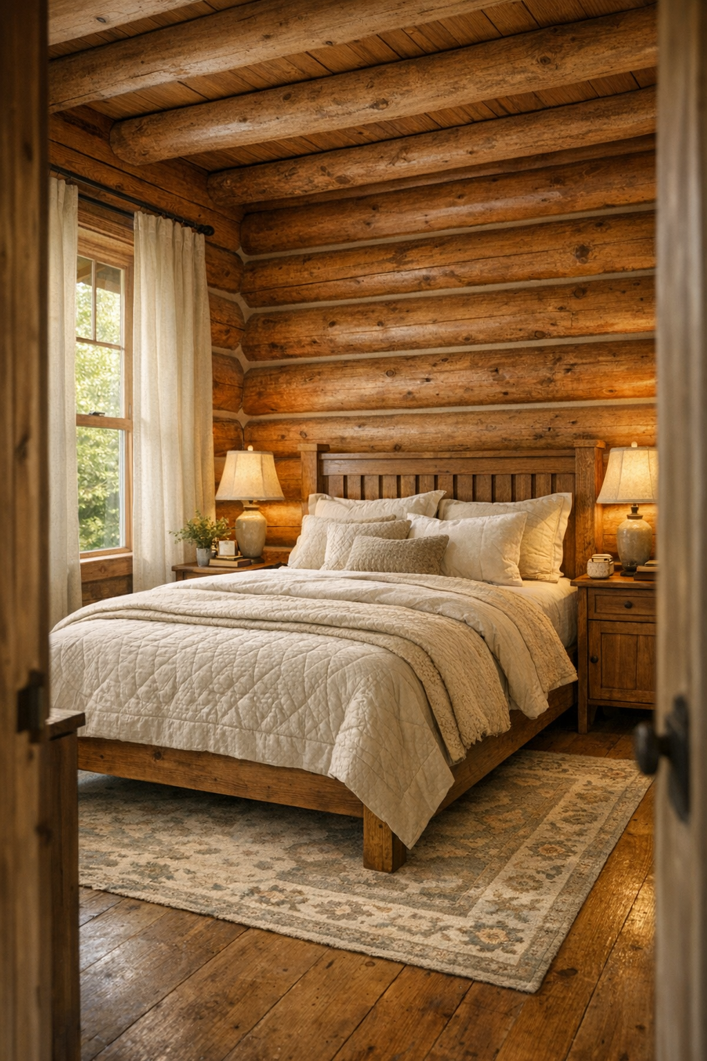 Bedroom with log walls, layered ivory bedding, a wood bed, and soft natural textiles