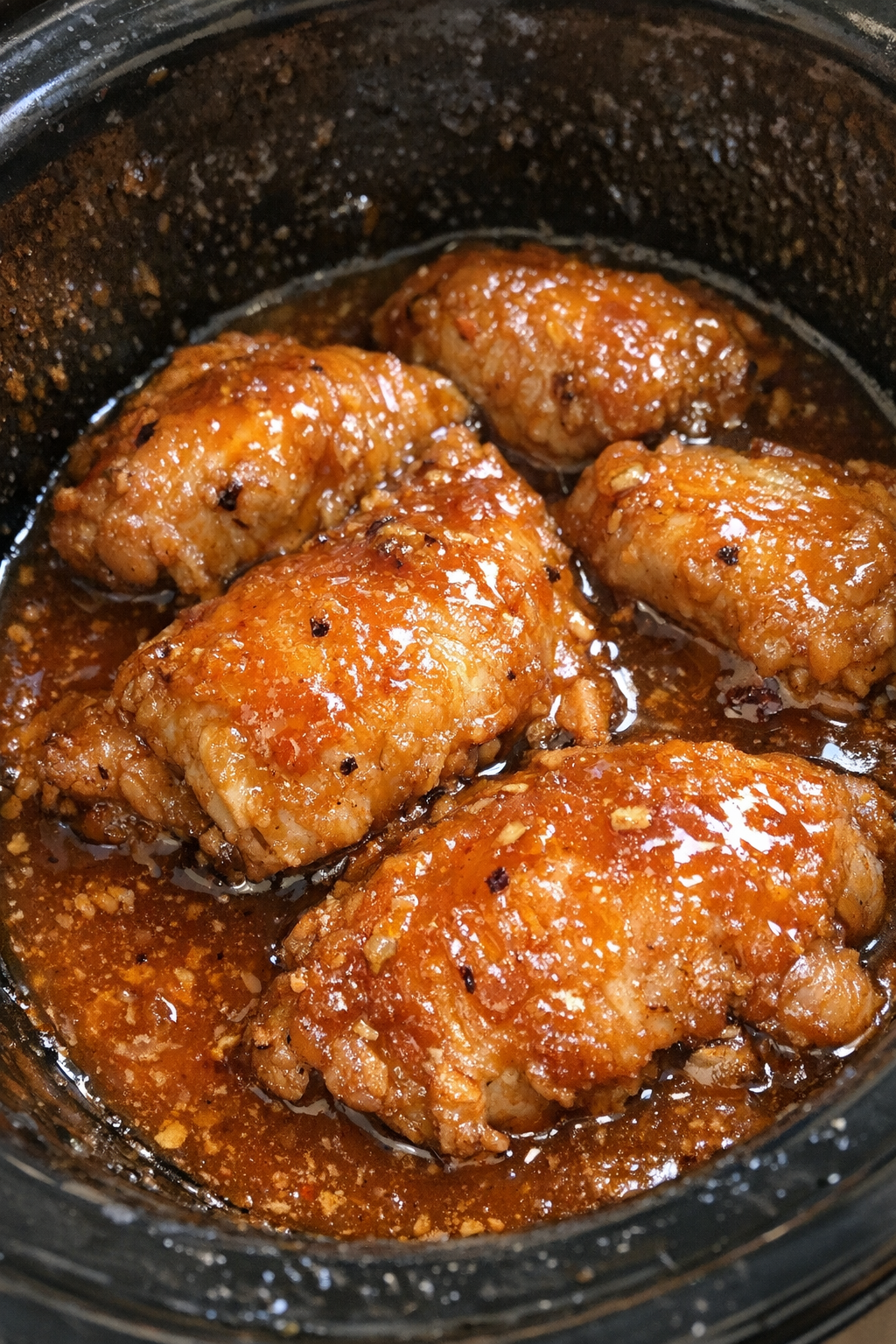 Slow cooker with glossy orange glazed protein