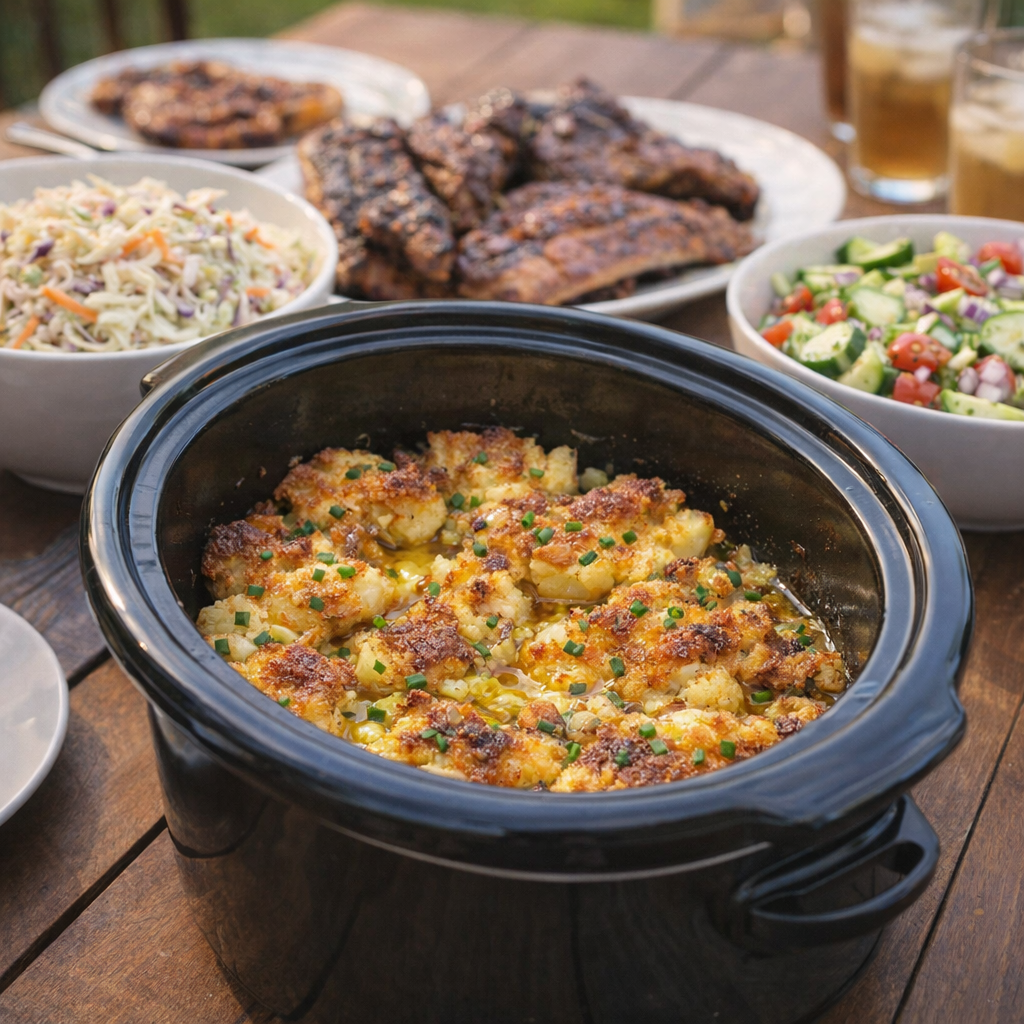Family-style potato bake served beside summer dinner sides