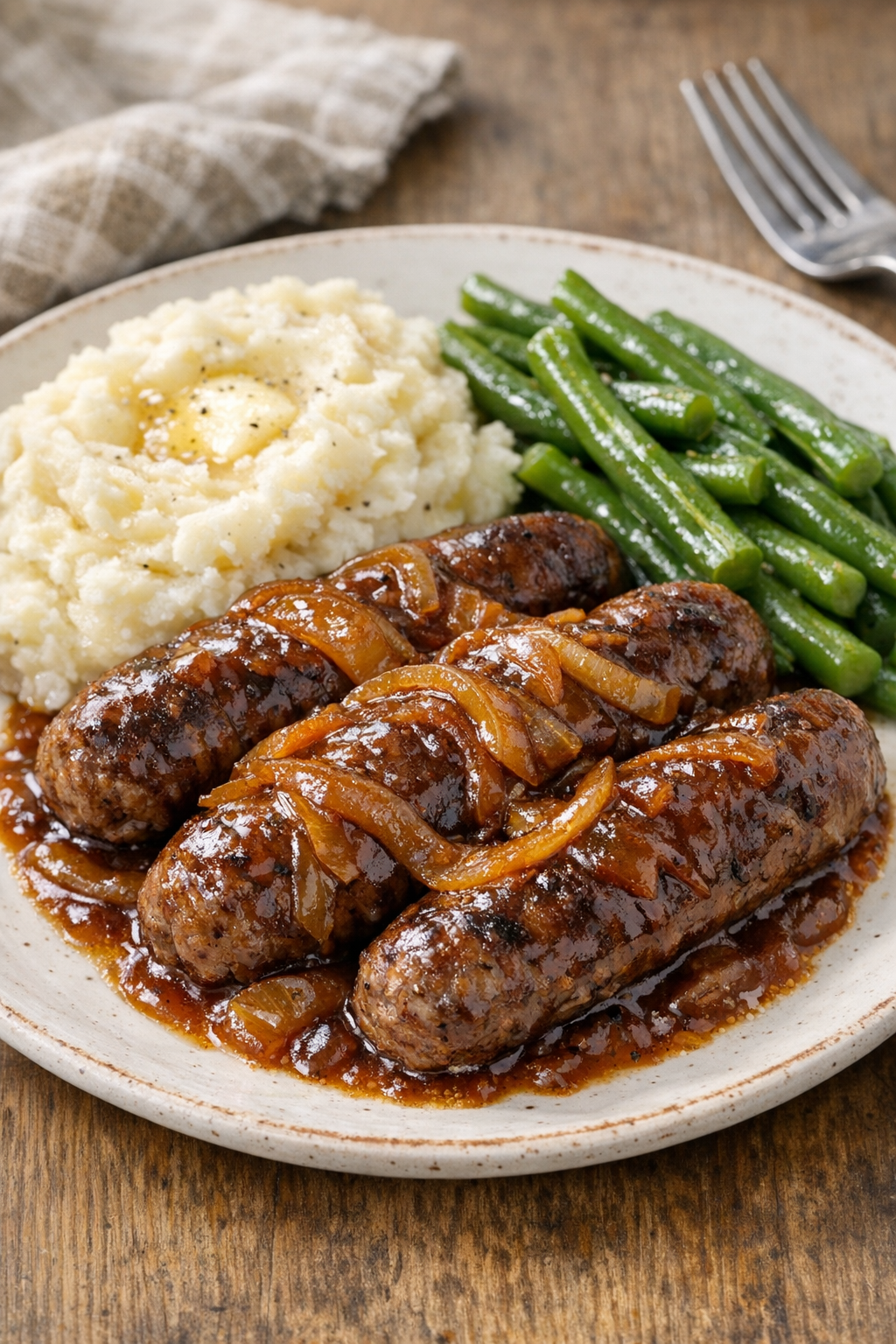 Finished slow cooker beef bratwursts plated with sauce and onions