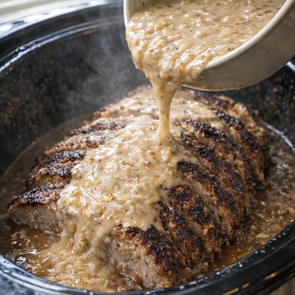 Onion soup mixture being poured over a pork roast