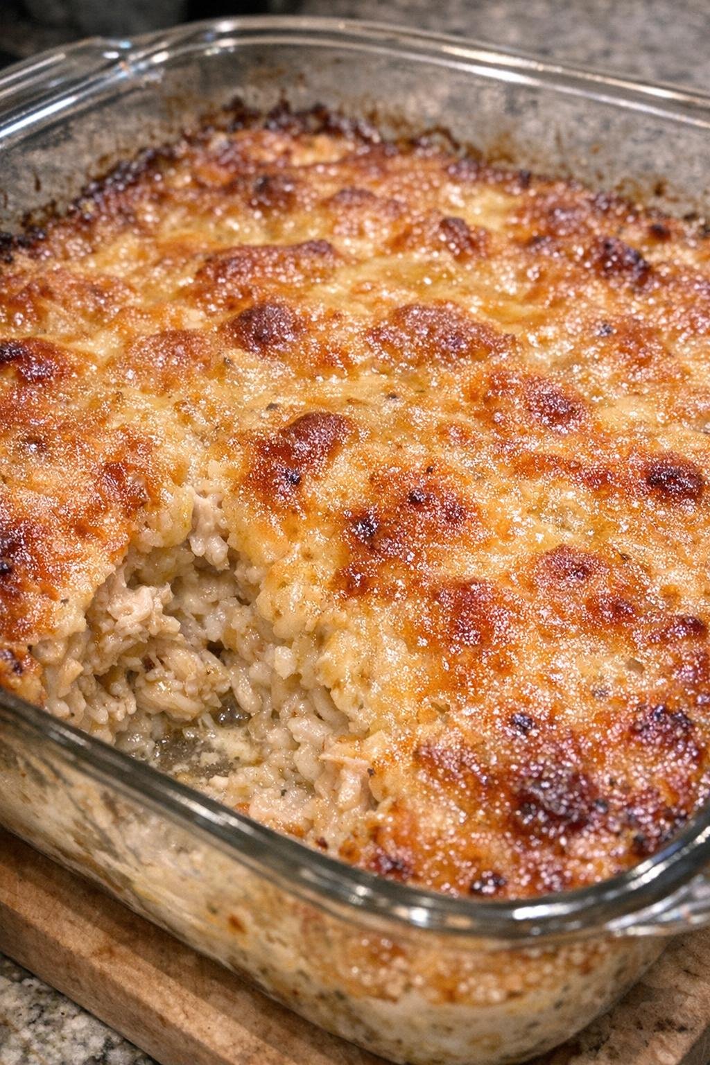 Bubbling chicken bake in a glass casserole dish