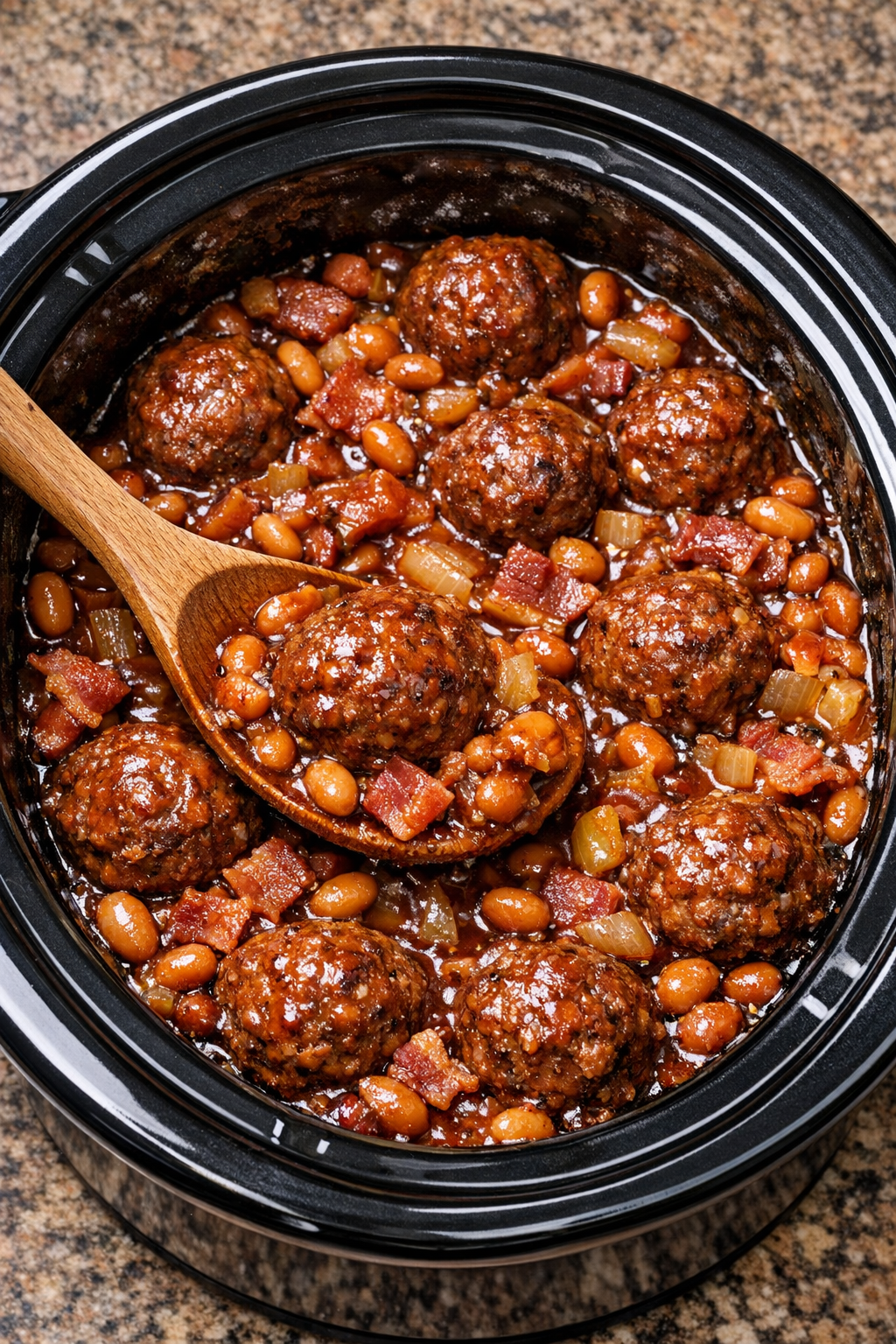 Cooked campfire beans and meatballs being stirred in the slow cooker