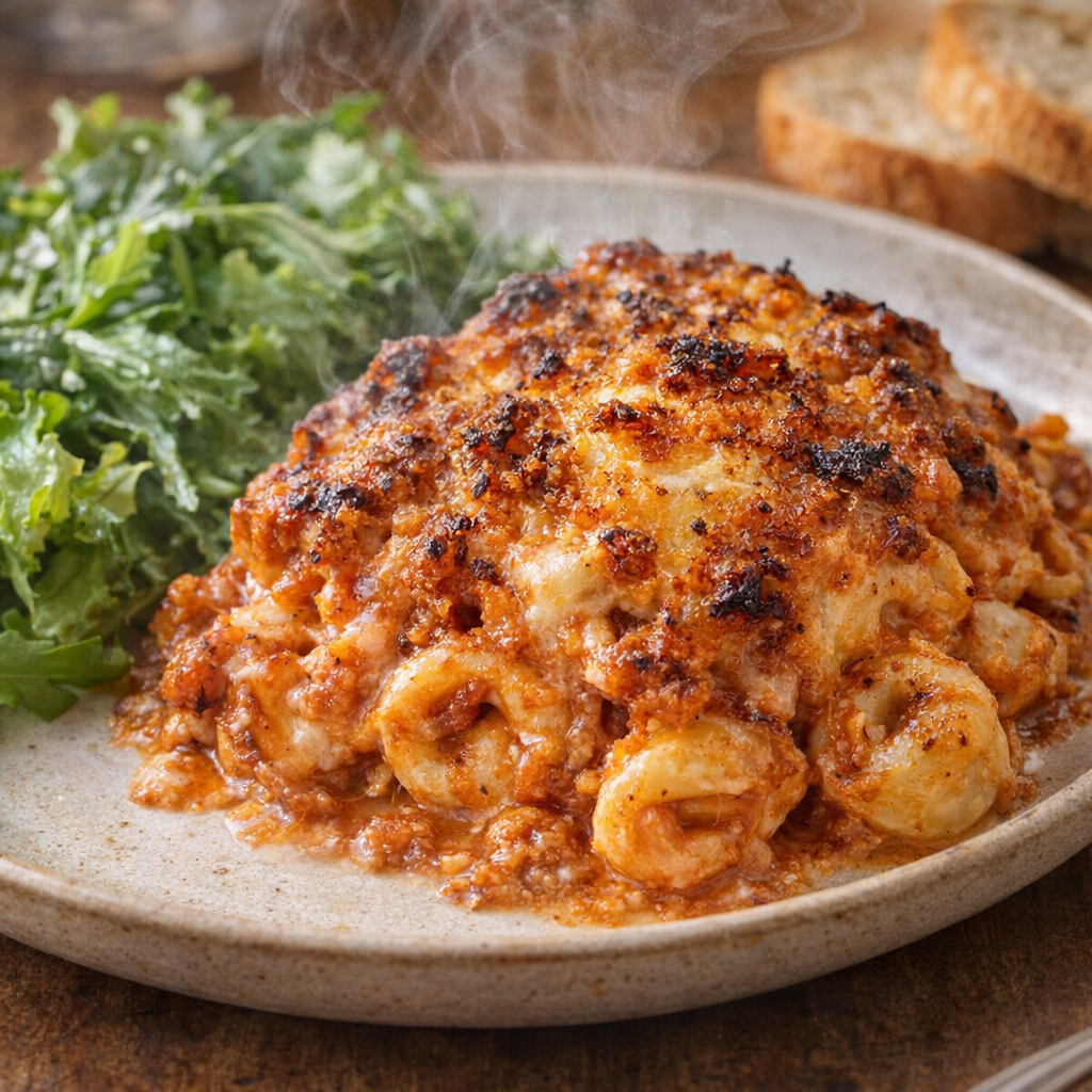 Served casserole portion with salad and bread