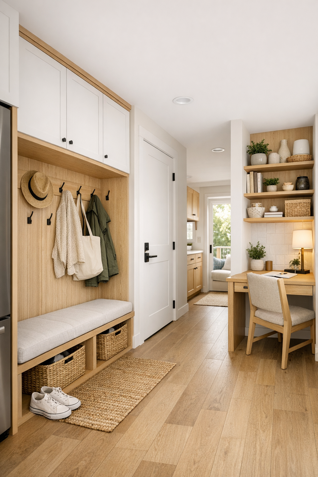 Tiny home entry and flex area with built-in bench, storage, and cohesive pale wood finishes