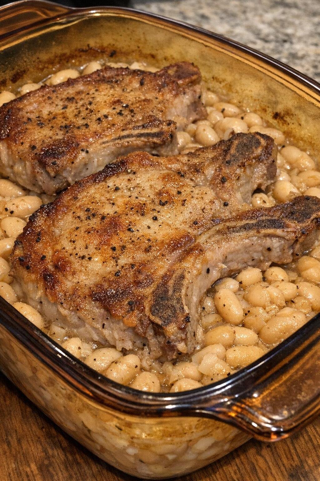 Golden browned pork chops over creamy white beans in a vintage amber casserole dish