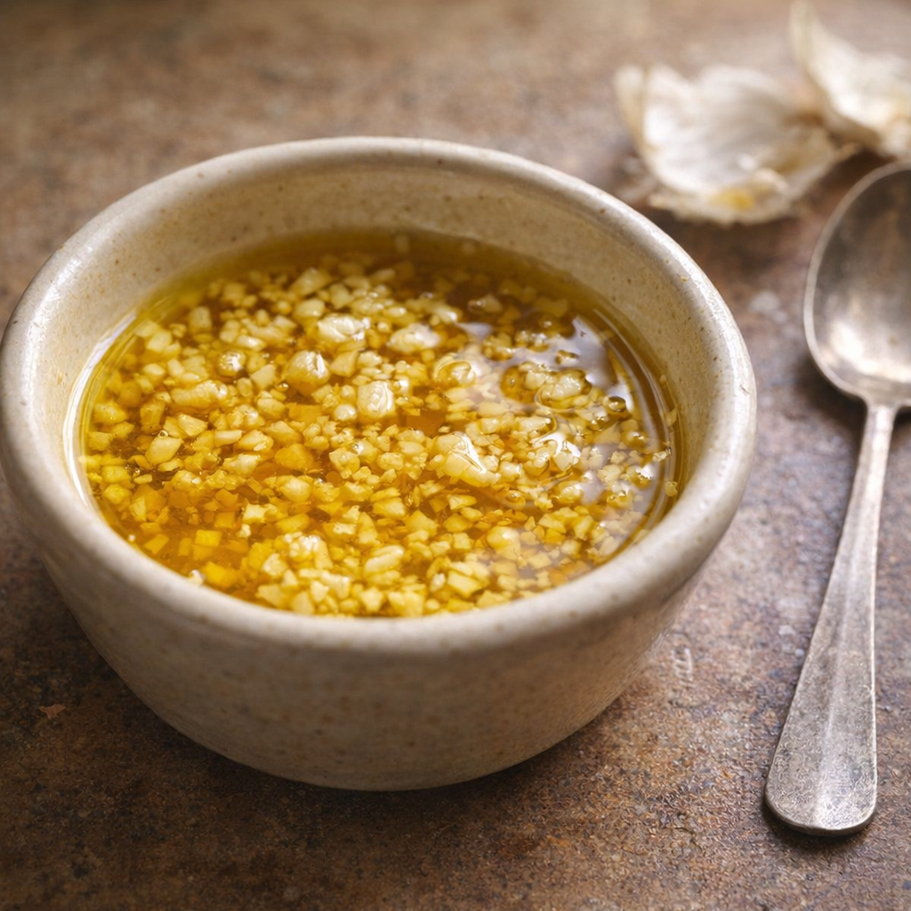 Garlic steeping in olive oil in a small bowl