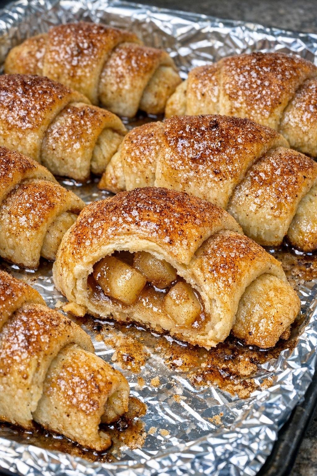 Crescent bites with apple filling on a foil-lined tray