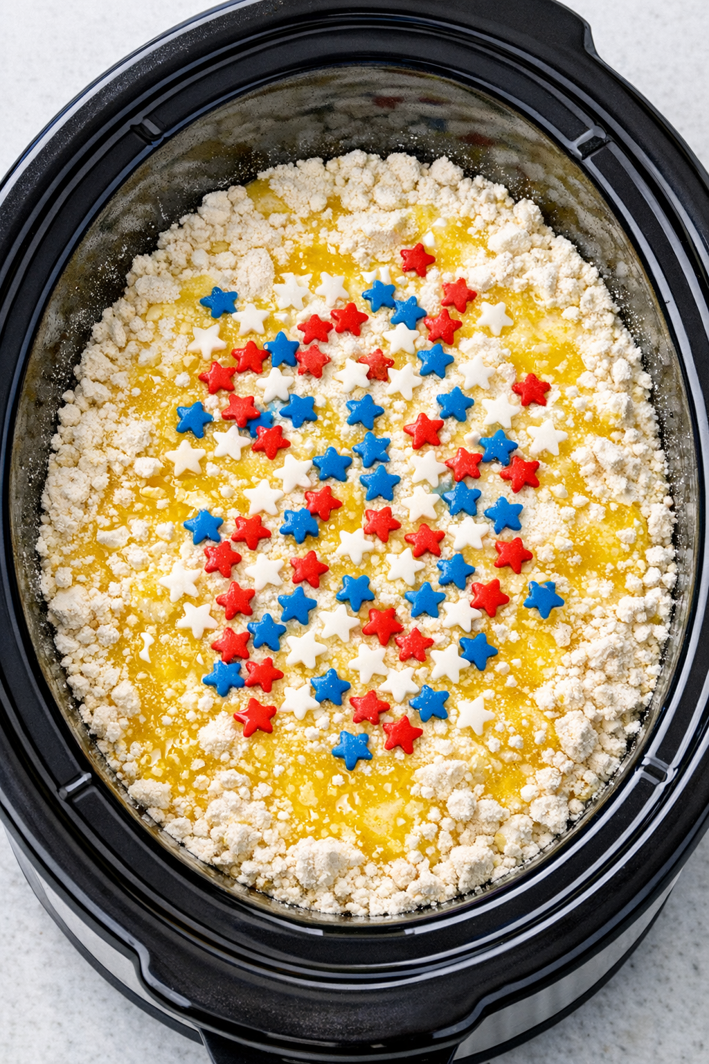 Melted butter drizzled over cake mix with patriotic sprinkles on top