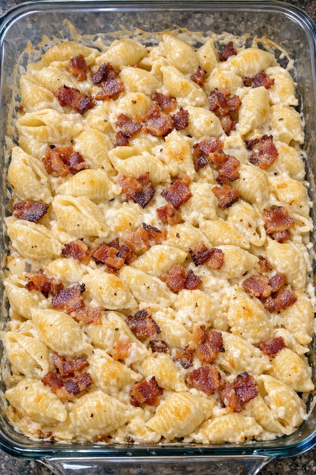 Golden creamy shell pasta with bacon in a glass baking dish