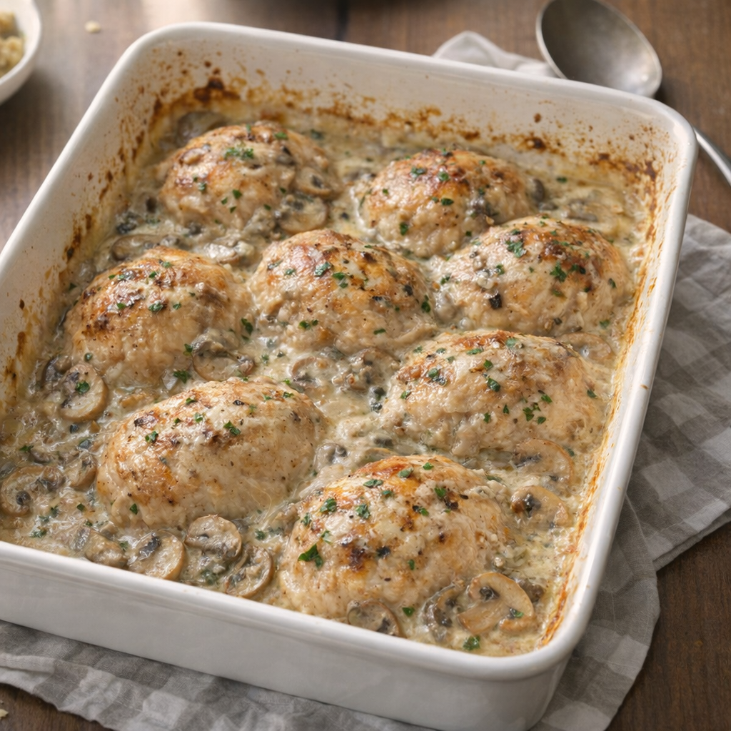 Bubbly baked chicken casserole in a white dish