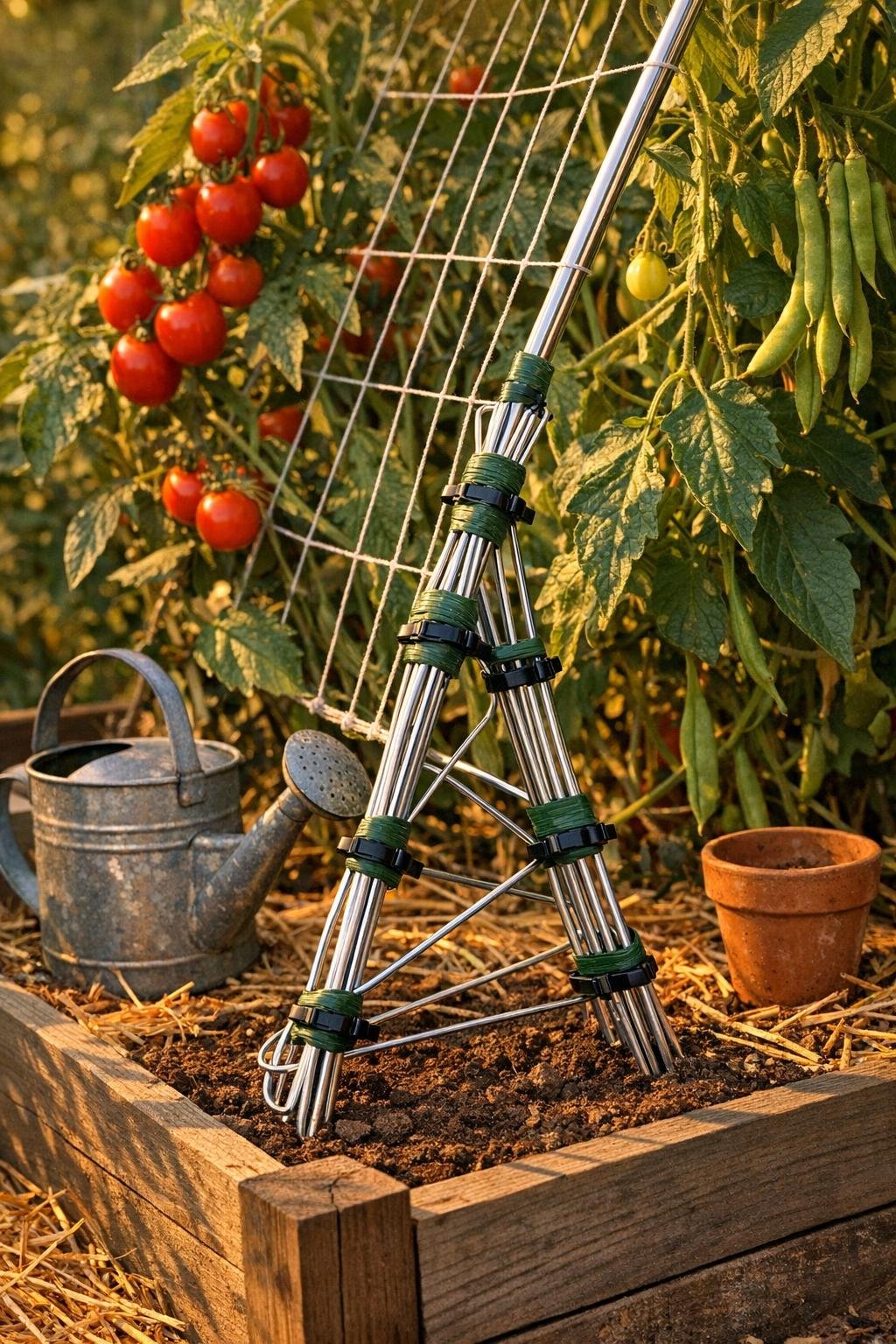 Finished raised bed trellis anchor made from wire coat hangers supporting late-season garden plants