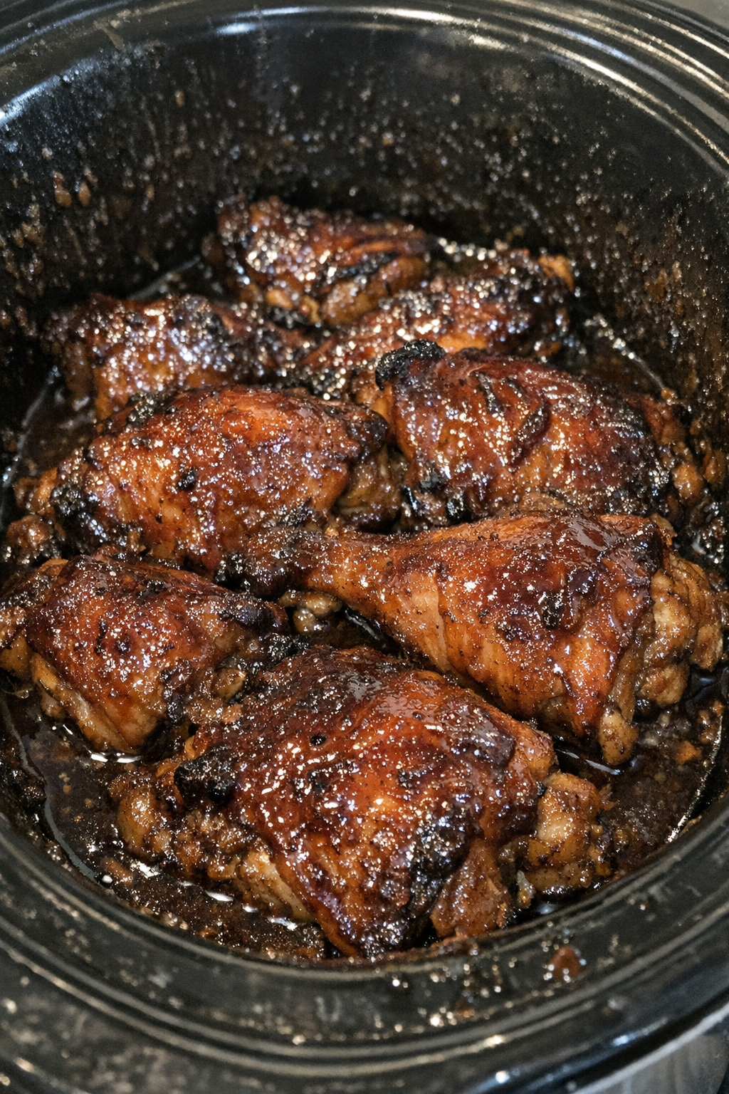 Glistening mahogany-glazed protein pieces in a slow cooker