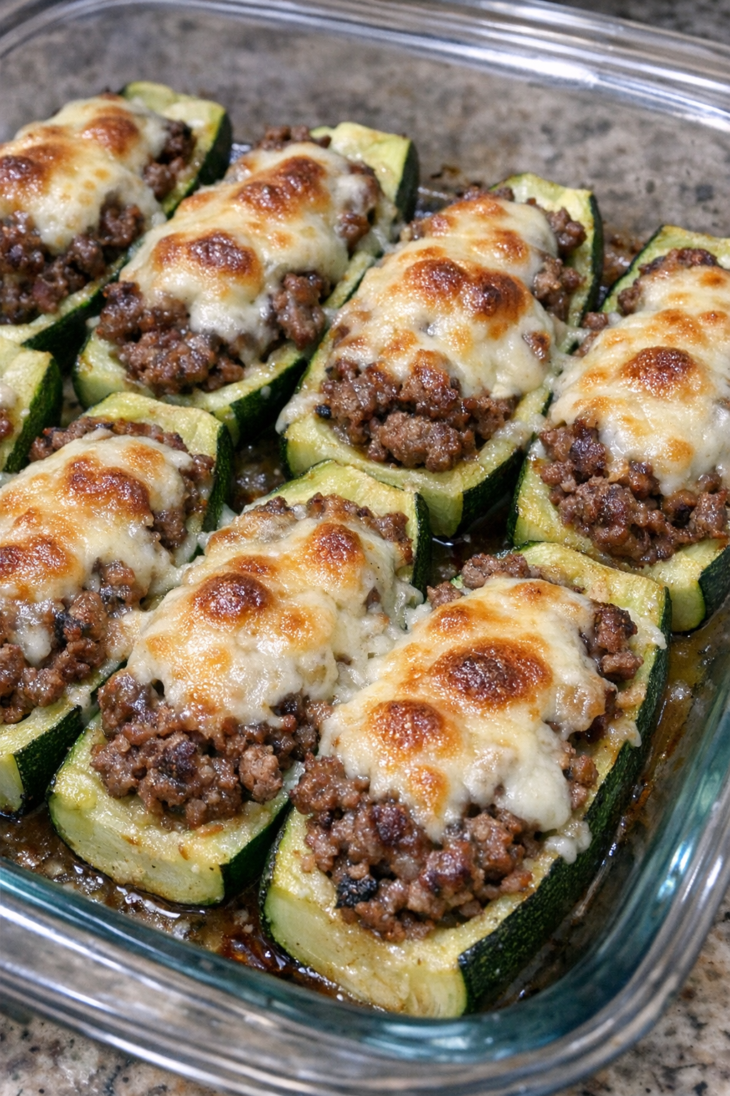 Close-up of baked beef zucchini boats with melted mozzarella