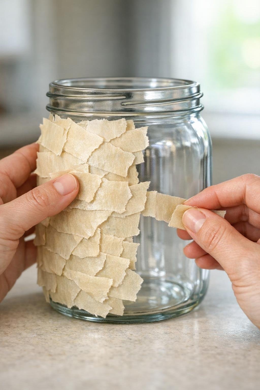 Jar partially covered with overlapping torn masking tape pieces