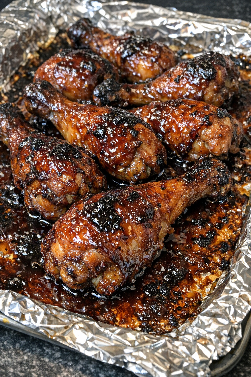 Slow cooker grape jelly chicken drumsticks on a foil-lined baking sheet
