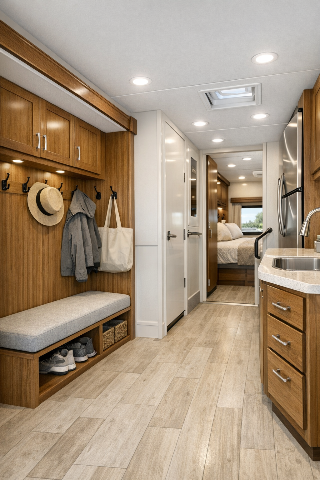 Accessible RV hallway and storage area with built-in cabinets, hooks, and a compact utility nook