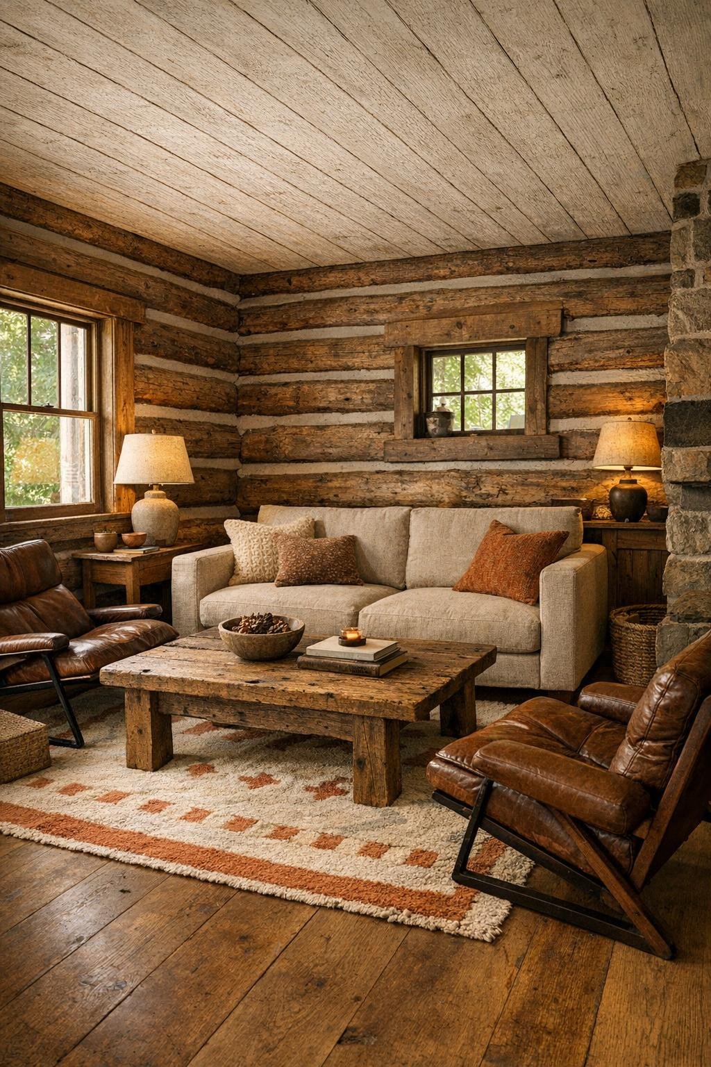 Warm rustic living room with log walls, linen sofa, leather chairs, and soft layered lighting