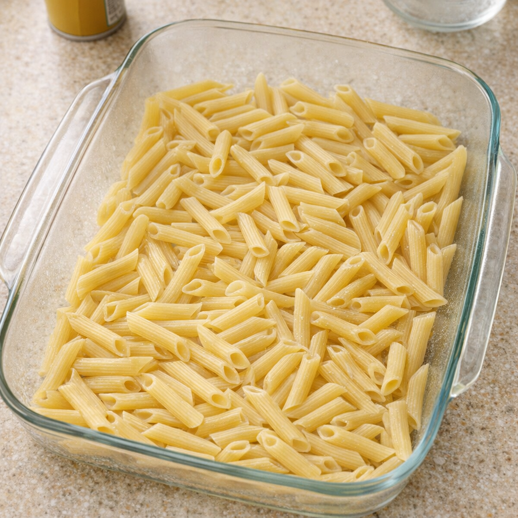 Uncooked penne layered in casserole dish