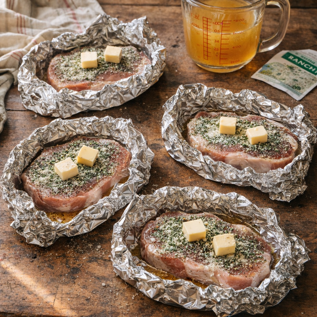 Foil-wrapped pork chop packets on a farmhouse counter